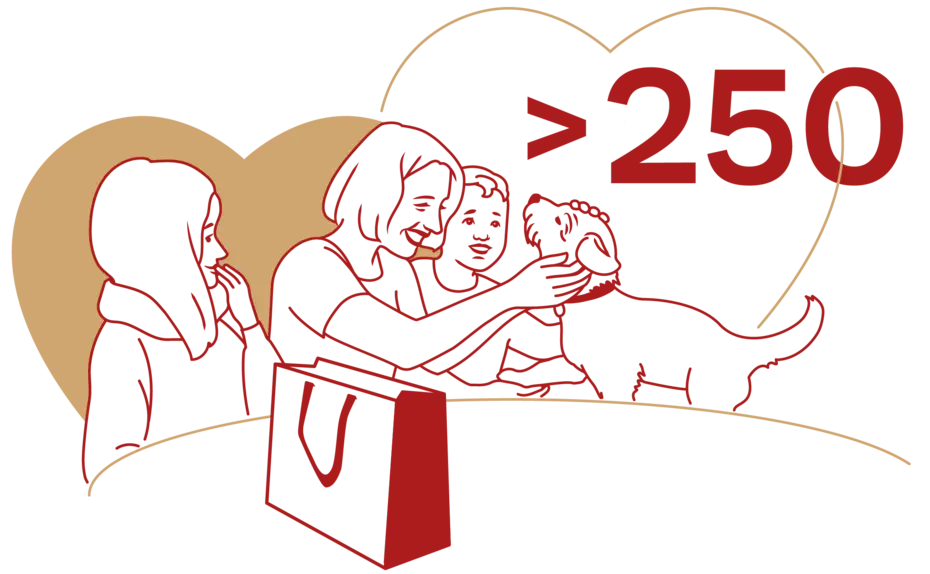 Une illustration avec des cœurs en arrière-plan. Une femme s'occupe d'un chien, tandis qu'une jeune fille observe. Un sac est posé sur une table et un texte indique ">250".
