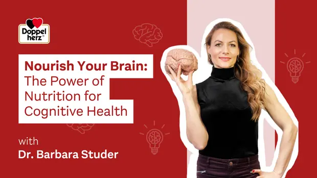 Une femme souriante tient un modèle de cerveau dans sa main droite. Le texte à gauche indique "Nourrissez votre cerveau : Le pouvoir de la nutrition pour la santé cognitive" avec la mention "avec Dr. Barbara Studer". Le tout est sur un fond rouge avec des illustrations de cerveaux.