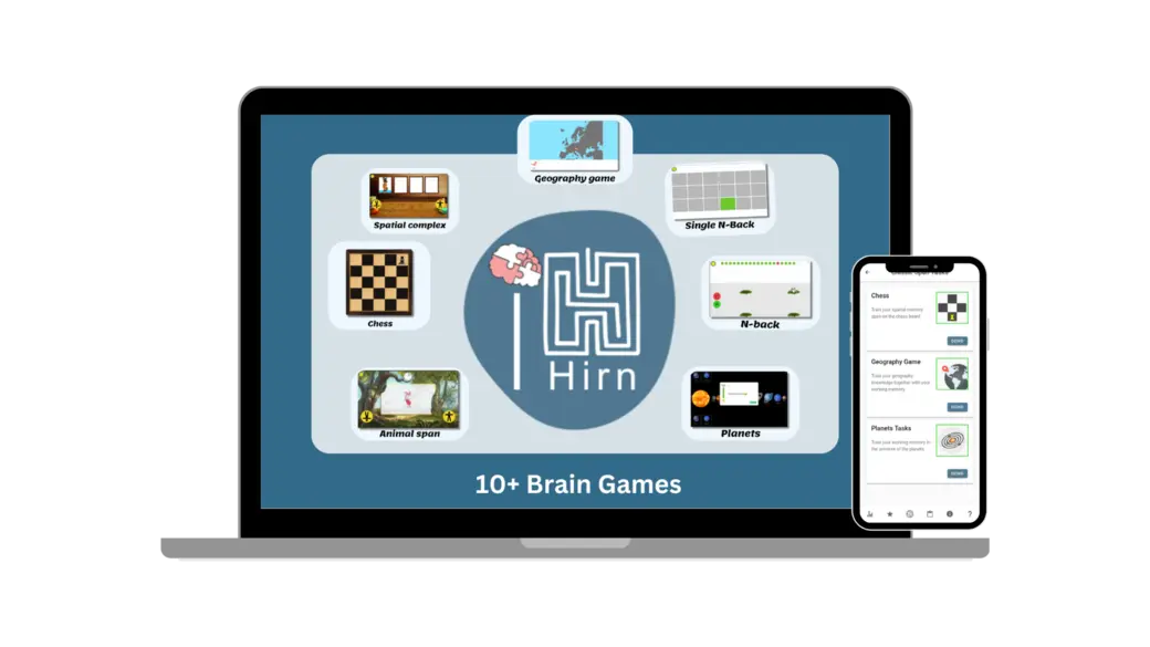 Un ordinateur portable et un smartphone affichent une interface de jeu. L'écran montre le logo "Hirn" et présente différentes options de jeux cérébraux, y compris des jeux d'échecs, de géographie et d'animaux, entourés d'un fond bleu.