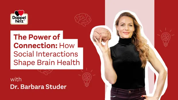 Une femme souriante tient un modèle de cerveau dans une main, mettant en avant le lien entre les interactions sociales et la santé cérébrale. En arrière-plan, des illustrations de cerveaux et des ampoules symbolisent des idées et des connexions. Texte en surimpression sur la santé du cerveau.